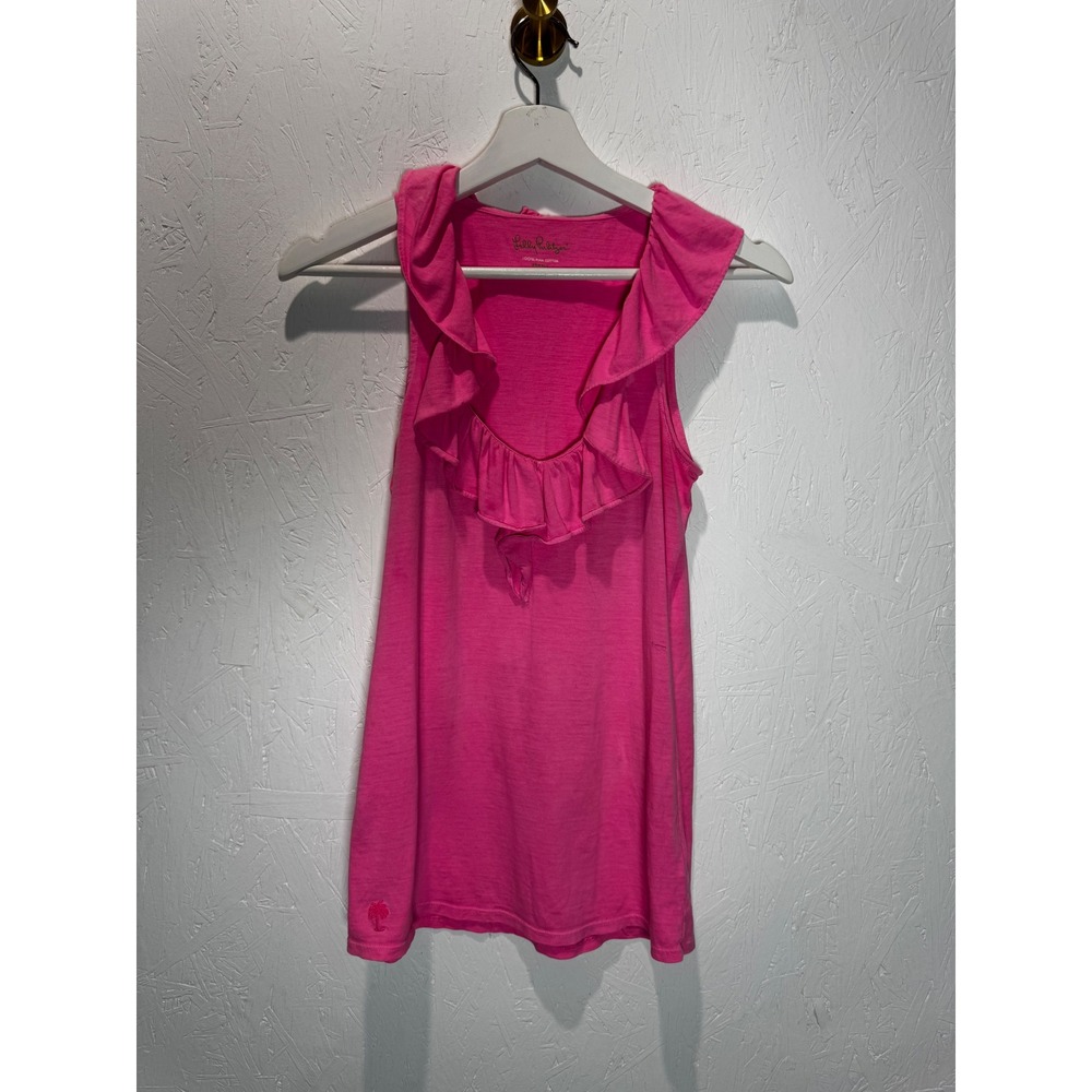 Lilly Pulitzer Pink Pima Cotton Ruffle Neck Tank Top Womens XS Sleeveless
